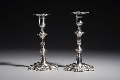 Two English silver candlesticks, William Cafe, London, dated 1751 and 1774