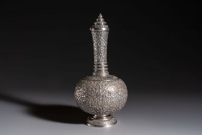 A Thai or Cambodian silver water flask and cover with floral design, late 19/early 20th C.
