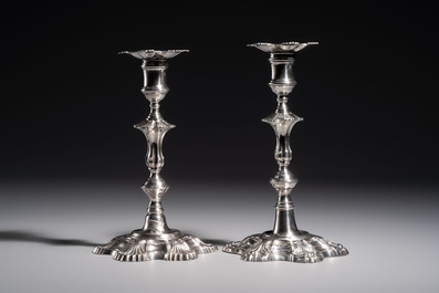 Two English silver candlesticks, William Cafe, London, dated 1751 and 1774