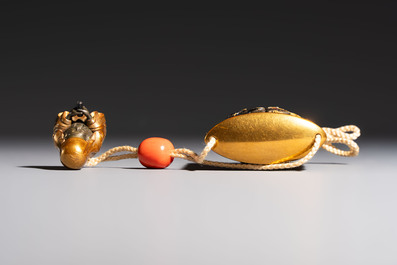 A fine Japanese four-case metal-inlaid lacquer 'Kanshin' inrō by Kōzan with a red coral ojime and a 'Jurojin' netsuke, Kōzan 光山 mark, Edo