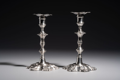 Two English silver candlesticks, William Cafe, London, dated 1751 and 1774