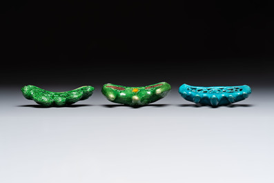 Three Chinese verte biscuit and turquoise-glazed brush rests, Kangxi and later