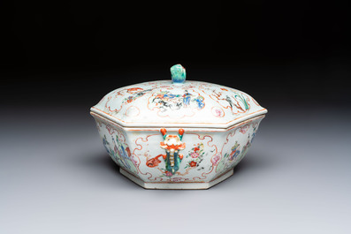 A Chinese Canton famille rose hexagonal tureen and cover, Qianlong