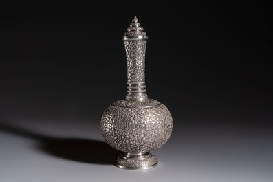 A Thai or Cambodian silver water flask and cover with floral design, late 19/early 20th C.