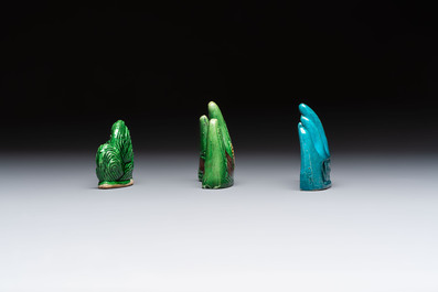 Three Chinese verte biscuit and turquoise-glazed brush rests, Kangxi and later