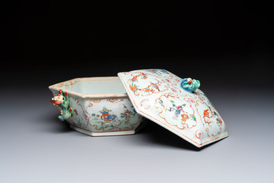 A Chinese Canton famille rose hexagonal tureen and cover, Qianlong