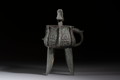 A Chinese archaic bronze wine vessel with owl design, Jia 斝, late Shang