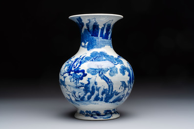 A Chinese blue and white '100 Deers' 'Zun' vase on wooden stand, Kangxi mark, 19th C.