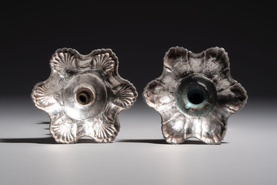 Two English silver candlesticks, William Cafe, London, dated 1751 and 1774