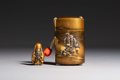 A fine Japanese four-case metal-inlaid lacquer 'Kanshin' inrō by Kōzan with a red coral ojime and a 'Jurojin' netsuke, Kōzan 光山 mark, Edo