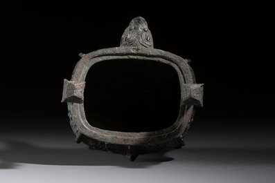 A Chinese archaic bronze wine vessel with owl design, Jia 斝, late Shang