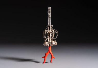 A silver red coral-mounted children's rattle-whistle, 19th C. or earlier