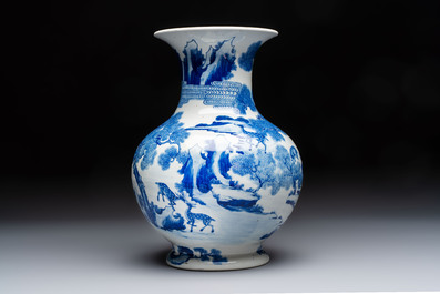 A Chinese blue and white '100 Deers' 'Zun' vase on wooden stand, Kangxi mark, 19th C.