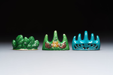 Three Chinese verte biscuit and turquoise-glazed brush rests, Kangxi and later
