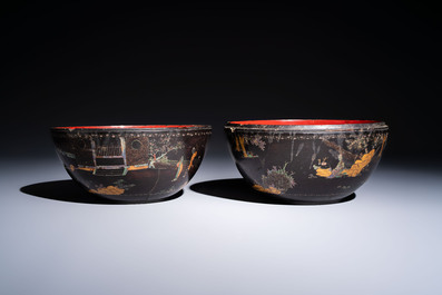 An unusual Chinese laque burgaut&eacute; 'Double Bowl' box depicting scenes from Xi Xiang Ji, Kangxi