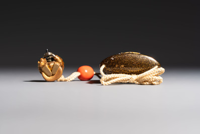 A fine Japanese four-case metal-inlaid lacquer 'Kanshin' inrō by Kōzan with a red coral ojime and a 'Jurojin' netsuke, Kōzan 光山 mark, Edo