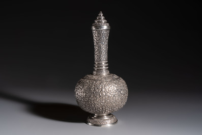 A Thai or Cambodian silver water flask and cover with floral design, late 19/early 20th C.