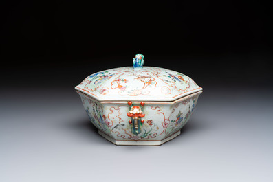 A Chinese Canton famille rose hexagonal tureen and cover, Qianlong