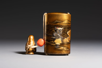 A fine Japanese four-case metal-inlaid lacquer 'Kanshin' inrō by Kōzan with a red coral ojime and a 'Jurojin' netsuke, Kōzan 光山 mark, Edo