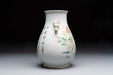 A Chinese qianjiang cai 'Hu' vase with mountainous landscape design, signed Shou Lu Xuan Zhu Ren 受祿軒主人, dated 1906