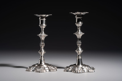 Two English silver candlesticks, William Cafe, London, dated 1751 and 1774