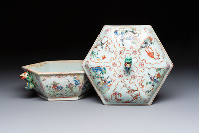 A Chinese Canton famille rose hexagonal tureen and cover, Qianlong