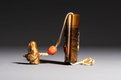 A fine Japanese four-case metal-inlaid lacquer 'Kanshin' inrō by Kōzan with a red coral ojime and a 'Jurojin' netsuke, Kōzan 光山 mark, Edo