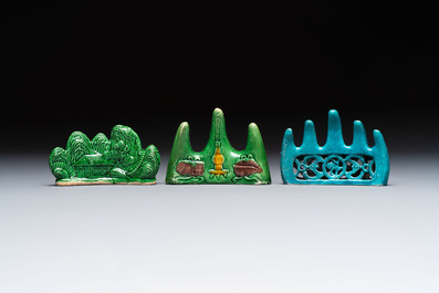 Three Chinese verte biscuit and turquoise-glazed brush rests, Kangxi and later