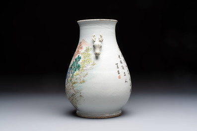 A Chinese qianjiang cai 'Hu' vase with mountainous landscape design, signed Shou Lu Xuan Zhu Ren 受祿軒主人, dated 1906