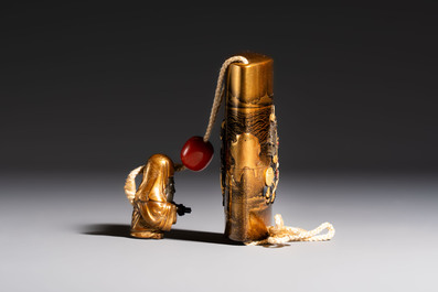 A fine Japanese four-case metal-inlaid lacquer 'Kanshin' inrō by Kōzan with a red coral ojime and a 'Jurojin' netsuke, Kōzan 光山 mark, Edo