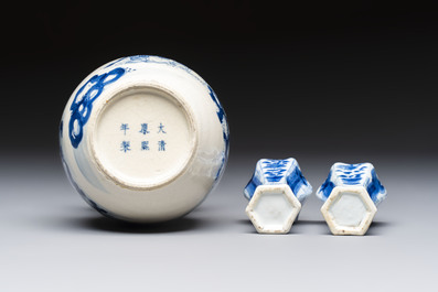 A Chinese blue and white vase, a pair of miniature vases, a covered teapot and a covered box, Kangxi and artemisia leaf mark, Kangxi