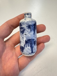A Chinese blue and white 'Mythical Animals' snuff bottle and a 'Buddhist Lions' snuff bottle, 19th C.
