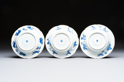 Eleven Chinese blue and white gadrooned 'Flowers and Peacocks' plates, Kangxi