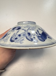 A Chinese blue and white conical 'Eight Horses of Mu Wang' bowl, Jiajing mark, Shunzhi/Kangxi
