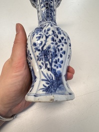 A Chinese blue and white vase with handles and a bowl, Kangxi mark, Kangxi and later