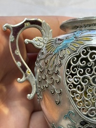 A Japanese enamelled reticulated silver 'koro' censer, Meiji, 19th C.