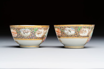 A pair of Chinese Canton famille rose cups and saucers with figural design, Daoguang
