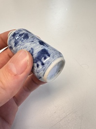 A Chinese blue and white 'Mythical Animals' snuff bottle and a 'Buddhist Lions' snuff bottle, 19th C.