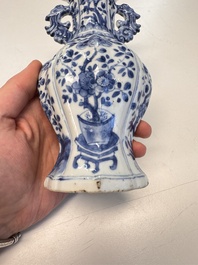 A Chinese blue and white vase with handles and a bowl, Kangxi mark, Kangxi and later