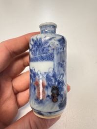 Two Chinese blue, white and copper-red snuff bottles with narrative design, Yongzheng and flower mark, 19th C.