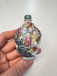 Six Chinese famille rose, enamelled copper and inside-painted glass snuff bottles, various signatures, Qianlong mark, 19/20th C.