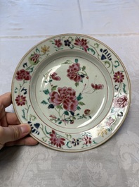 Three Chinese famille rose plates with floral design, Yongzheng