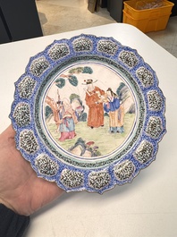 A Chinese Canton enamel flower-shaped 'Three Star Gods' plate, Qianlong