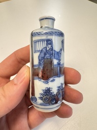 Two Chinese blue, white and copper-red snuff bottles with narrative design, 19th C.