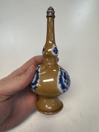A Chinese blue and white capucine-ground rosewater sprinkler with silver mount, Kangxi