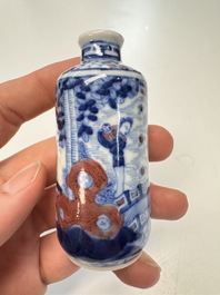 Two Chinese blue, white and copper-red snuff bottles with narrative design, Yongzheng and flower mark, 19th C.