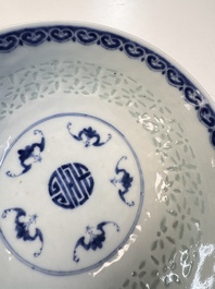 A Chinese blue and white 'Ling Long' bowl with bats design, Qianlong mark, 19th C.