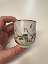 A Chinese famille rose 'Judgement of Paris' cup and saucer, Qianlong