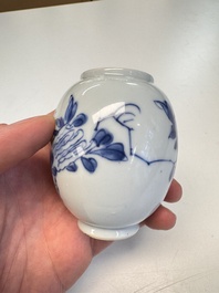 A Chinese blue and white covered tea caddy and a covered teapot with ducks, Kangxi