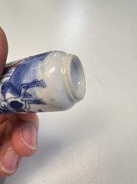 Three Chinese blue, white and copper-red snuff bottles with narrative design, 19th C.